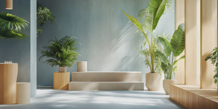 A modern studio with soft blue-grey walls, warm wood accents, and large potted plants, surrounding a minimalist product showcase bathed in natural lightの素材
