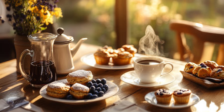 A warm, inviting table setting with a freshly brewed coffee pot, a steaming cup, and a plate of assorted pastries, including scones and blueberry muffins, surrounded by soft morning lightの素材