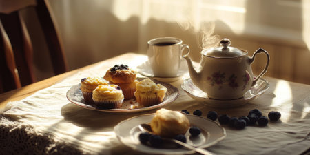 A warm, inviting table setting with a freshly brewed coffee pot, a steaming cup, and a plate of assorted pastries, including scones and blueberry muffins, surrounded by soft morning lightの素材