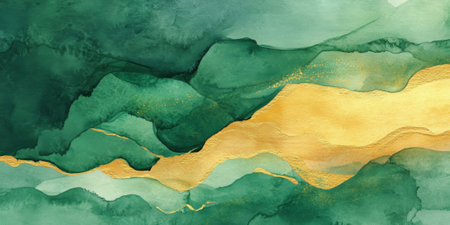 Abstract watercolor background featuring vivid washes of green and gold, with flowing brushstrokes and visible paper grain, creating a vibrant and textured handmade lookの素材