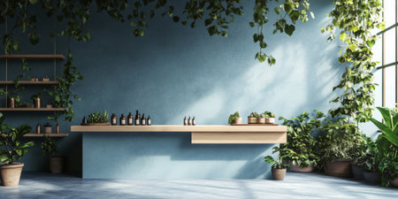 Cozy studio with soft sky-blue walls, wooden accents, and cascading greenery around a stylish product display, creating a modern, nature-inspired settingの素材