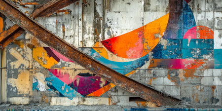 Colorful abstract graffiti featuring flowing curves and sharp angles, sprayed on the cold, concrete walls of an industrial factory ruin, with a backdrop of rusted steel beams and broken glassの素材