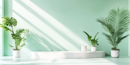 Clean, minimalist studio with soft white and mint tones, indoor plants, and a stylish product display podium, creating a tranquil, nature-inspired backdropの素材