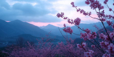 Cherry blossoms silhouetted against the backdrop of majestic mountains, illuminated by the first light of dawn, creating a peaceful and harmonious blend of natureÃ¢â¬â¢s beautyの素材