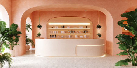 Elegant studio with muted peach and cream tones, vibrant green plants, and a smooth, minimalist designed product showcase in the center, for a fresh, contemporary lookの素材