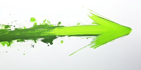 Neon green arrow pointing to the right, sharply painted on a white background, with a crisp, modern look that stands out for graphic designsの素材
