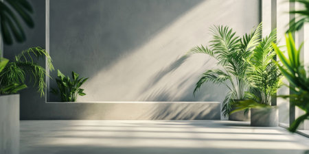 Stylish studio featuring soft gray walls, subtle green accents, and tropical plants framing a modern, geometric product display, giving a trendy, modern feelの素材