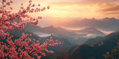 Soft pink cherry blossoms in full bloom, framing a breathtaking view of distant mountains bathed in the warm, golden light of dawn, with a gentle morning mist rolling through the valleyの素材