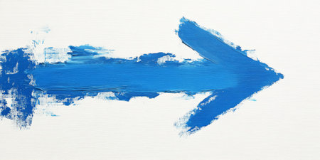 Vibrant blue arrow pointing to the right, hand-painted on a white background, featuring visible brush strokes and a soft, textured finishの素材
