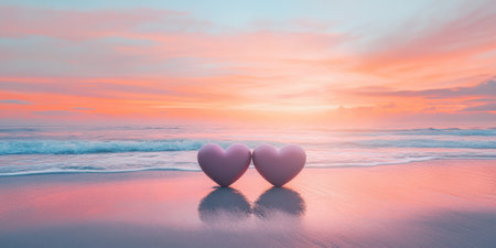 Two hearts side by side on a serene beach at sunset, with soft waves gently lapping at the shore, the sky painted with shades of pink, orange, and purple, creating a dreamy Valentine's Day atmosphereの素材