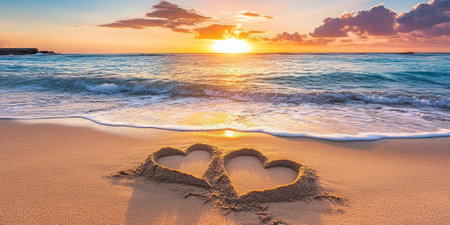 Two intertwined hearts etched into the sand near the shoreline, with the vibrant colors of the setting sun casting a romantic glow over the scene, capturing the essence of Valentine's Dayの素材