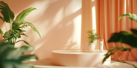A soft, airy studio with pastel peach walls, lush green plants, and a sleek, round product showcase, creating a perfect blend of modern and organic elementsの素材