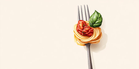 Forkful of spaghetti with tomato sauce and basil, close-up on a light beige background, for a simple and elegant presentationの素材