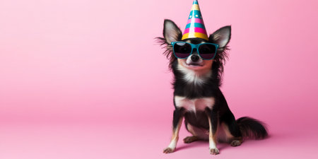 An adorable Chihuahua in a colorful party hat and oversized sunglasses, sitting on a pink studio background, looking cute and festiveの素材