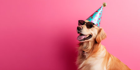 A cute Golden Retriever wearing a festive party hat and sunglasses, sitting against a vibrant pink studio background, looking cheerful and ready to celebrateの素材