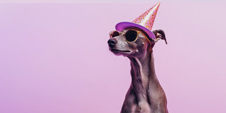 An elegant Greyhound wearing a festive party hat and vintage sunglasses, sitting against a pastel purple background for a stylish celebrationの素材