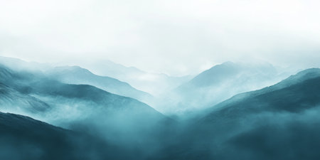 Ethereal misty landscape background with soft fog rolling over hills, creating a sense of mysteryの素材