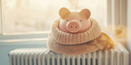 A cute pink piggy bank wrapped snugly in a cozy wool scarf sits atop a white home radiator, symbolizing winter heating expenses, with a soft, warm glow illuminating the sceneの素材
