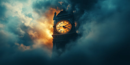 An ethereal clock tower with swirling clouds around it, representing the passage of time in a fantastical settingの素材