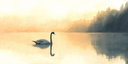 Hand painted watercolor of a graceful swan on a calm lake at sunriseの素材