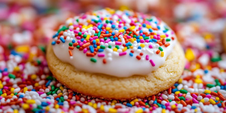 A close-up of a beautifully decorated Christmas cookie with icing, surrounded by colorful sprinklesの素材