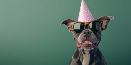 A playful Staffordshire Terrier in a cone party hat and oversized sunglasses, posing against a green background, looking ready to celebrateの素材