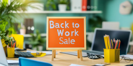A bright and cheerful workspace filled with office supplies, showing a "Back to Work Sale" sign in the centerの素材