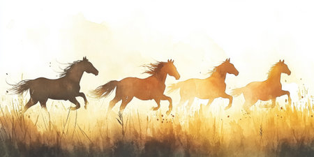 Hand painted watercolor of majestic wild horses running through a grassy field at dawnの素材