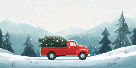 Classic red truck filled with a Christmas tree driving through a snowy landscape, evoking holiday nostalgiaの素材