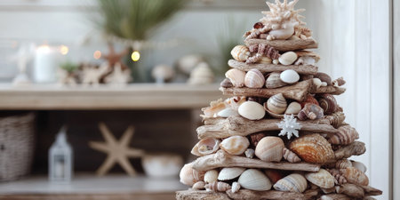 A DIY Christmas tree made of driftwood and seashells, reflecting a coastal holiday theme filled with charmの素材