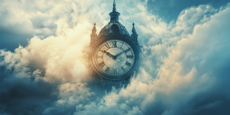 An ethereal clock tower with swirling clouds around it, representing the passage of time in a fantastical settingの素材