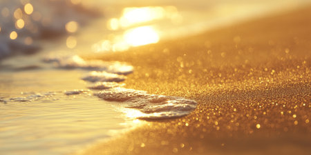 Golden sand texture close-up, showcasing delicate grains with a soft shimmer, evoking a serene beach sceneの素材