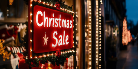 A cheerful storefront window decorated for the holidays, showcasing a "Christmas Sale" sign with twinkling lightsの素材