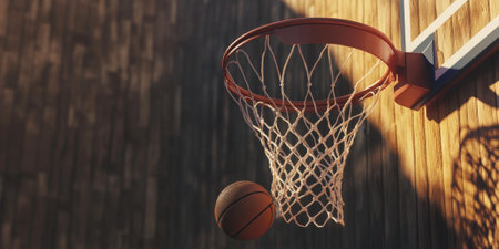 A close-up of a basketball hoop with a ball swishing through the net, set against a wooden court backdropの素材