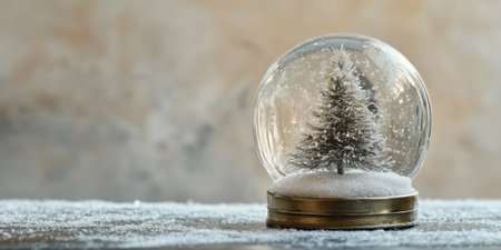 A sparkling snow globe featuring a winter scene with a tiny Christmas tree and snowflakesの素材