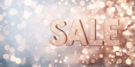 Shimmering rose gold "SALE" text with sparkles on a soft, blurred background for eleganceの素材