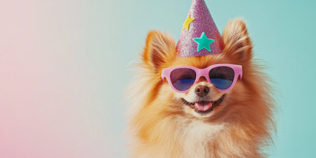 A fluffy Pomeranian dressed up with a colorful party hat and star-shaped sunglasses, posing on a soft pastel backgroundの素材