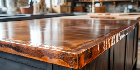 Polished copper surface with visible oxidation and rich patina, perfect for an industrial vibeの素材