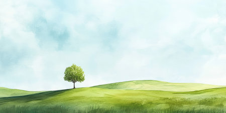 Hand painted watercolor of a simple landscape with open green fields and a distant treeの素材
