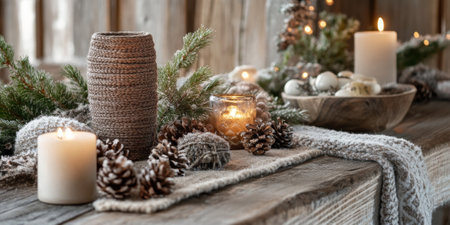 A rustic wooden table adorned with winter-themed decorations, including pinecones, candles, and cozy knitted textilesの素材