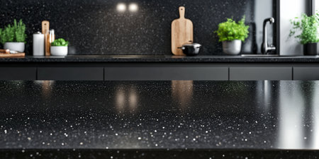 Dark granite surface with speckles in shades of gray and black, offering a sleek, polished stone lookの素材