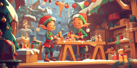 A lively graphic featuring playful elves working in a workshop, preparing items for a Christmas sale eventの素材