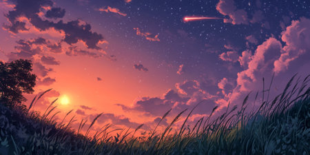 A serene twilight sky with a shooting star, symbolizing the magic of wishes and the passage of timeの素材