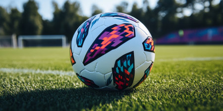A close-up of a soccer ball on a grassy field, ready for action, evoking the thrill of the gameの素材