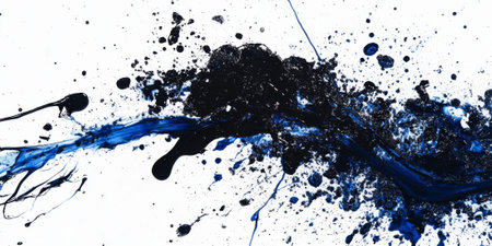 Abstract ink splatter texture in black and deep blue, creating an edgy, artistic design with dynamic movementの素材
