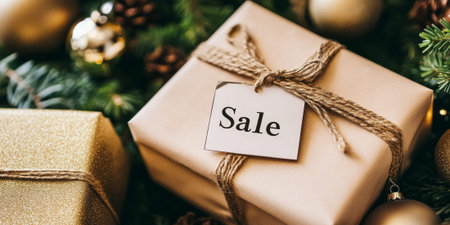 A close-up of beautifully wrapped gifts with âSaleâ tags, set against a festive backdrop of greenery and ornamentsの素材