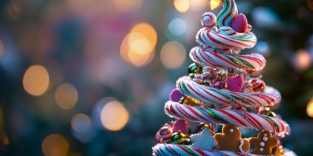A whimsical Christmas tree shaped like a spiral, decorated with colorful candy canes and gingerbread ornamentsの素材