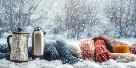 A winter still life featuring knitted scarves, mittens, and a thermos of hot tea, all set against a snowy backgroundの素材