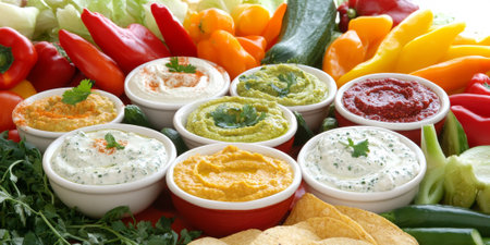 A colorful flat lay of various dips and spreads, including hummus, guacamole, and tzatziki, surrounded by fresh vegetablesの素材
