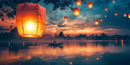 A dreamlike landscape with floating lanterns, symbolizing the magic of time spent with loved onesの素材